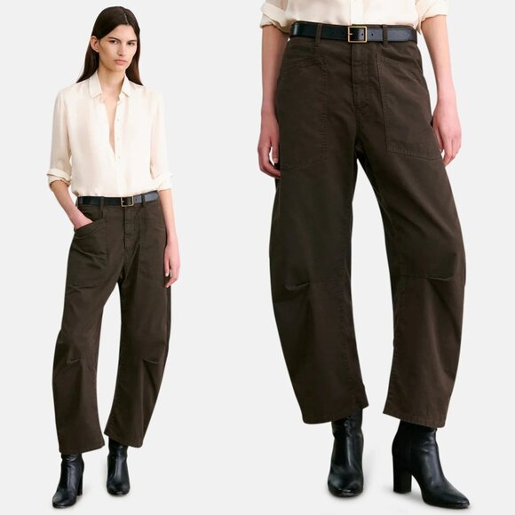 Nili Lotan Shon Pant Chocolate Brown Twill Cotton Barrel Leg Crop Hemmed Size 0 - Picture 9 of 11